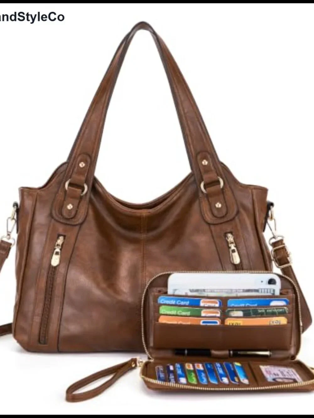 Faux Leather Hobo Shoulder Bag Purse Set with Wallet 2pc